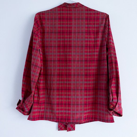 Vintage Mister Leonard  by Len Wasser Silky Red Plaid Button Blouse Faux Tie 10 - Picture 8 of 9
